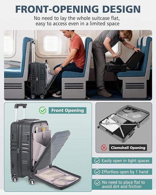 RAINSMORE Expandable Carry on Luggage 20 Inch, Airline Approved Carry on Suitcase with Front Pocket&Laptop Compartment, Hardshell Rolling Travel Luggage with Spinner Wheels,Charcoal
