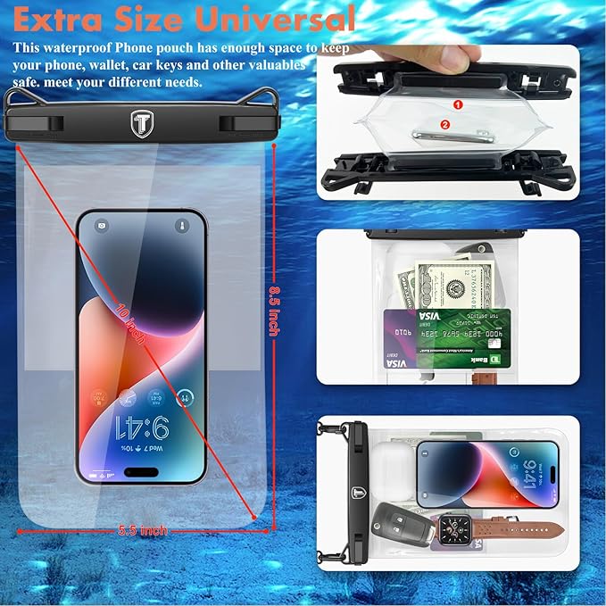 NJJEX [Up to 10" Large Waterproof Phone Pouch Bag - 2 Pack Waterproof Phone Case Dry Bag for Samsung Galaxy S25 Ultra S24 S23 S22 S21 S20 A14 A15 A35 A16 A36 iPhone 16 Pro Max 16E 15 14 13 12 11 Xr X
