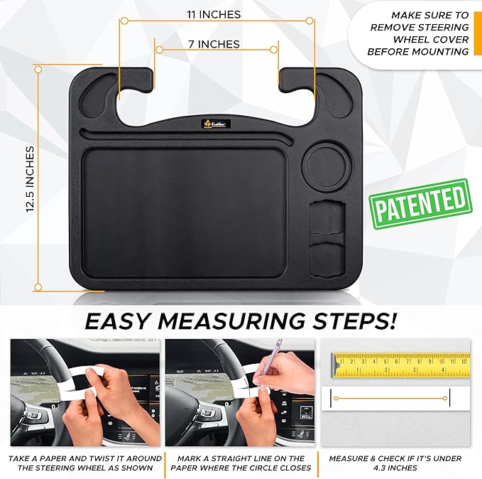 EcoNour 4 in 1 Car Steering Wheel Tray - 2024 Upgraded Tray with Dual Sauce Dip Holder and Tablet Holder | Spacious Steering Wheel Desk for Food and Laptop | Car Accessories (Large)