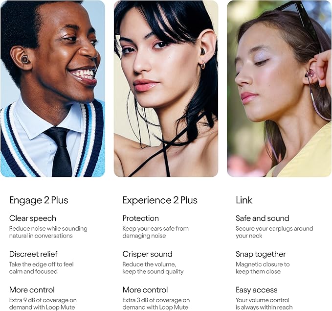 Loop Earplugs Social Plus Link Bundle (2-Pack) – Engage 2 Plus + Loop Experience 2 Plus + Link | Reusable Ear Plugs for Focus, Noise Sensitivity, Music, Parenting & More | 16dB/18 dB Noise Reduction