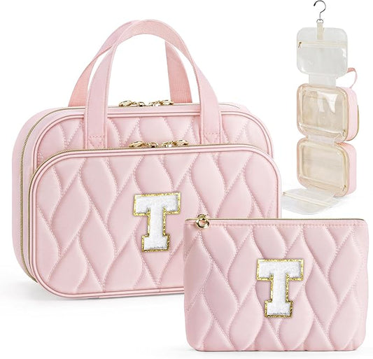 YOOLIFE Hanging Toiletry Bag for Women - Travel Toiletry Bag Makeup Bag, Portable Toiletries Cosmetic Bag, Airplane Travel Essentials - Letter T, Pink