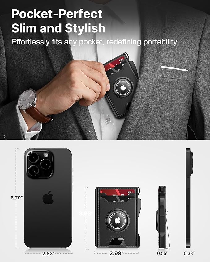 typecase AirTag Wallet for Men: Pop Up Card Case, Secure Holder for Apple Air Tag, Premium Leather, Smart, RFID Blocking, Slim, Minimalist, Thin, 13 Cards Capacitiy | ID Window | Money Clip (Black)