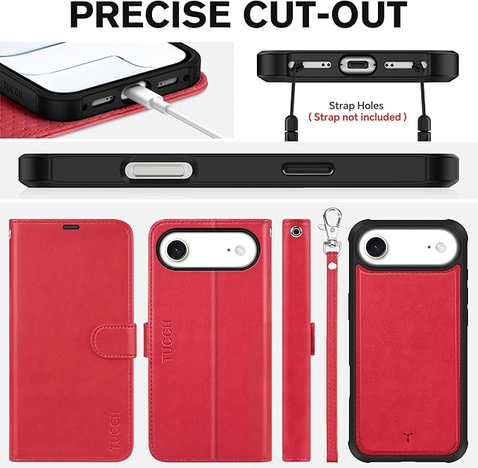 TUCCH 2-in-1 Removable Case Wallet for iPhone Air (6.5") 2025, Detachable Wrist Strap, 4 Card Holders RFID Blocking, Wireless Charging, Stand, Magnetic, PU Leather, Shockproof Folio Cover, Red