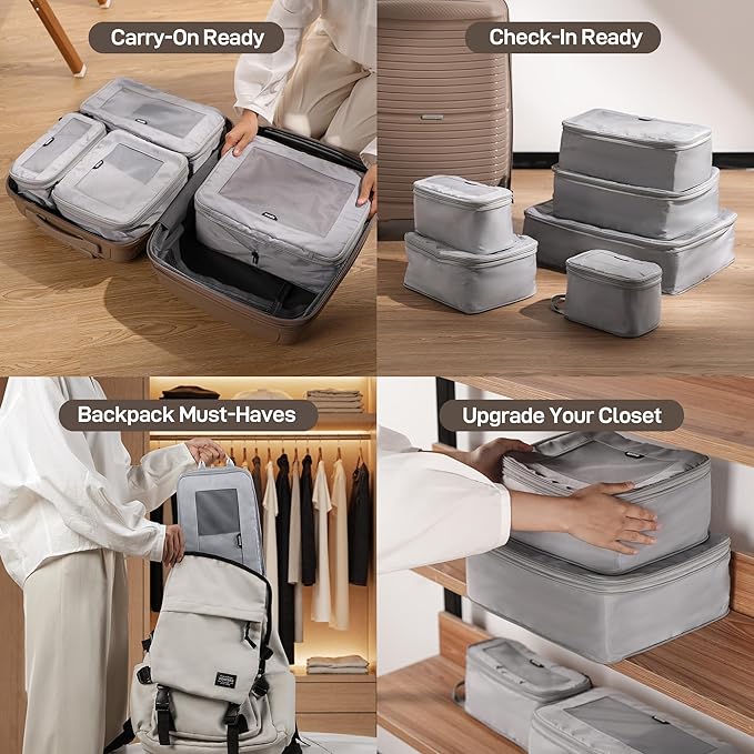 EPICKA TripCozy Compression Packing Cubes - 6 Set Durable Travel Organizer Bags with Mesh Top, Expandable Travel Accessories for Carry on, Luggage, Suitcase, Backpack (Light Grey)