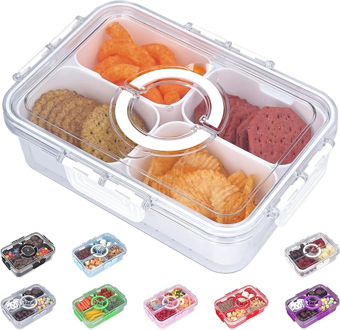 Snackle Box Container with Lid- Travel Charcuterie Box with Handle - Organizer for Candy, Fruit, Nuts, Veggies, Snacks, Beach Essentials, Portable Lunch Box (Bright White, Small)