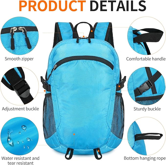 Small Hiking Backpack 15L Travel Lightweight Hiking Packable Daypack Water-Resistant Foldable Backpacks for Women Men Camping (Blue)