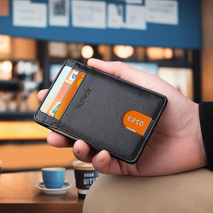 Buffway Mens Slim Wallet, Minimalist Thin Front Pocket Leather Credit Card Holder with RFID Blocking for Work Travel | Minimalist, Thin, Front Pocket, Credit Card Holder, RFID Blocking, for Work Travel