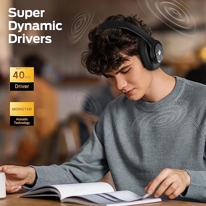 Monster Mission 200 Bluetooth Headphones, Wireless Headphones with 3 EQ Modes, Low Latency HiFi Stereo Foldable Lightweight Headset, 60H Playtime,Deep Bass for Home Office Cellphone PC Ect (Black)
