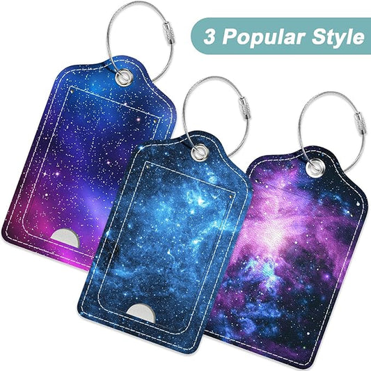 Rimilak 3 Pcs PU Leather Luggage Tags for Suitcase, Travel Cruise Luggage Tag with Privacy Flap, Name ID Label and Metal Loop for Women Men Baggage Handbag School Bag Backpack, Galaxy
