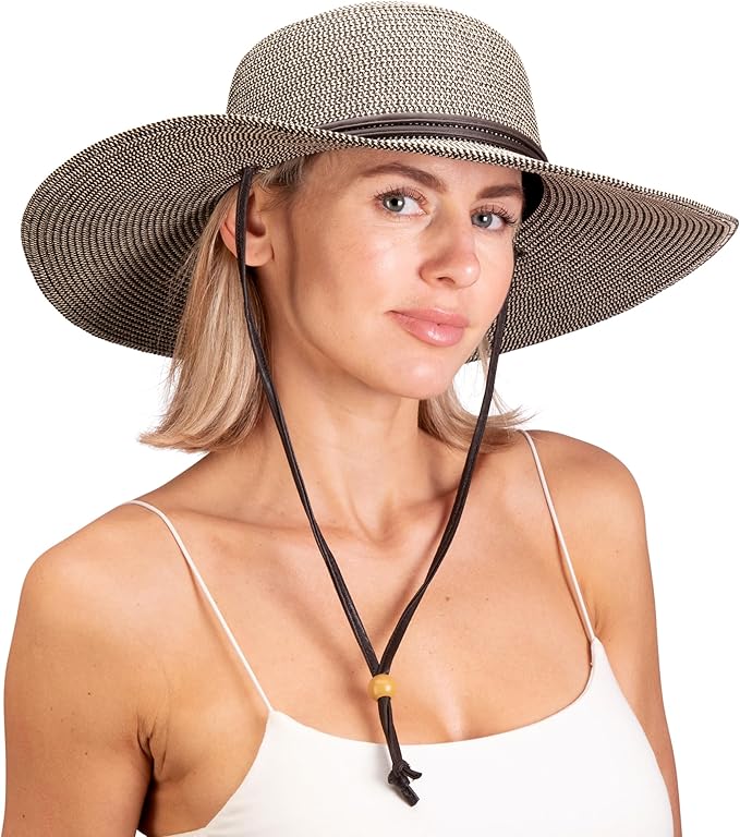 Sloggers Women's Wide Brim Braided Sun Hat with Wind Lanyard - UPF 50+ Maximum Sun Protection