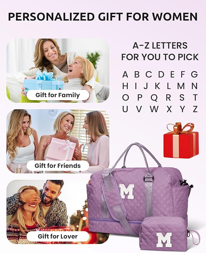 Vogewood Personalized Initial Duffle Bag - Overnight Weekender with Shoe Compartment & Monogram Travel Bag - Friend Gift (Letter S)