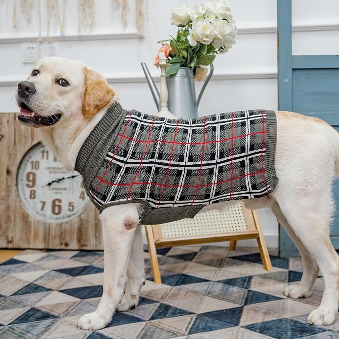 PUPTECK Dog Sweaters for Large Medium Small Dogs - Fall Classic Plaid Style Puppy Holiday Winter Coat Clothes Warm, Grey, SM