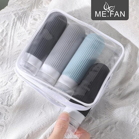 ME.FAN Travel Bottles for Toiletries, TSA Approved 3oz Silicone Journey Size Containers, Portable Split Bottle for Conditioner, Shampoo, Lotion- 4 Pack Grey