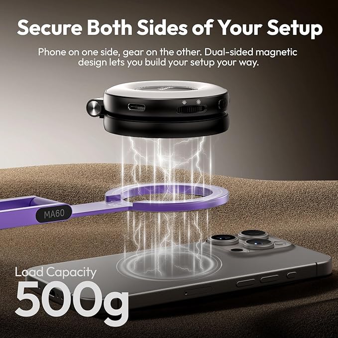 ULANZI MA60 Magnetic Phone Tripod Stand for iPhone - Aluminium Smartphone Mini Tripod Pocket Cell Phone Stand Strong Magnet Quick Mount Compatible with iPhone 16 15 14 13 14 Series, Purple