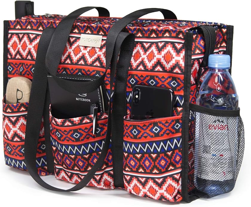 TOPDesign Utility Water Resistant Tote Bag with 13 Pockets, Top Zipper Closure & Thick Bottom Support, for Working Women