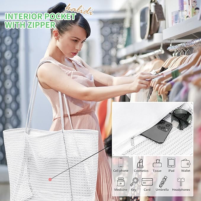 KALIDI BeachNylon Mesh Tote Bag, Casual Tote Bag Hobo Women Foldable MAX 23L Shoulder Bag For Beach Picnic Vacation