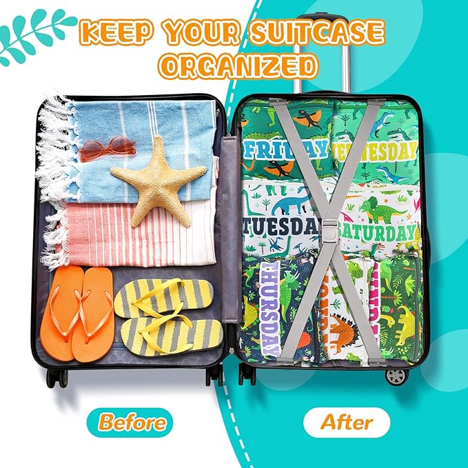 Paterr 14 Pcs Packing Cubes for Travel Kids Day of Week Compression Packing Bags Colorful Luggage Suitcase Organizers Bag for Travel (Dinosaur)