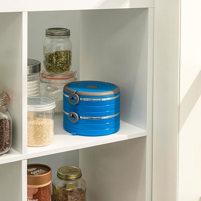 Healthy Human Travel Pet Bento Bowls - Human-Grade Stainless Steel & BPA-Free, Leak-Proof Water & Food Container Set for Dogs & Cats, 3-Pack Interlocking Bowls, Includes Spare Clips & Handle (Blue)