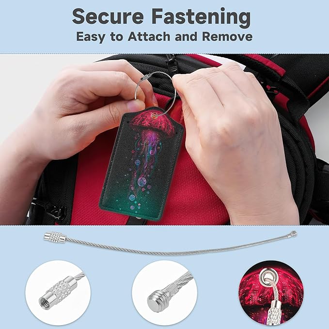 2 Pack Luggage Tag for Suitcase, Abstract Neon Jellyfish Leather Bag Tags Identifiers Privacy Cover ID Label with Durable Steel Loop for Women Men Kids Girls Travel
