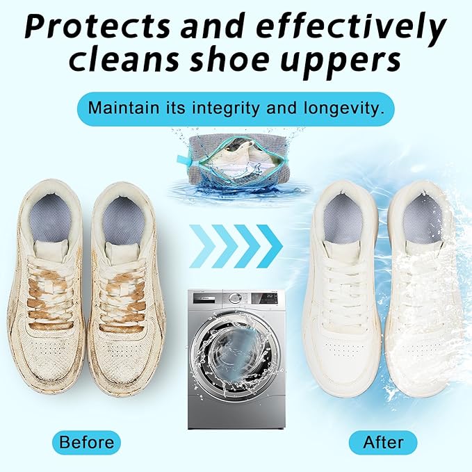 XXL Shoe Washing Machine Bag - Reusable Shoes Cleaning Bags for Washer And Dryer, Durable Zipper Laundry Shoe Bag 360° Deep Clean Sneaker Tennis Include Delicate Laundry Bag/Bra Laundry Bags (Gray)