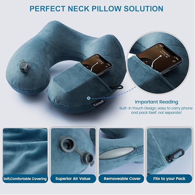 2Pack Inflatable Travel Neck Pillow for Airplane Sleeping, Adjustable Blow Up Neck Support Air Pillow Traveling on Plane Long Flights Washable