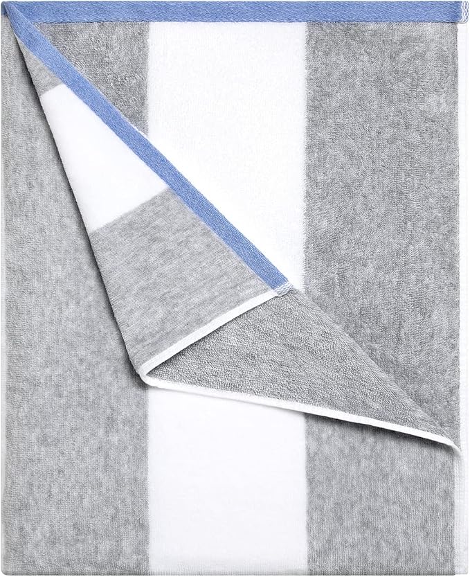 Cotton Oversized Beach Towel - Large 70 x 35 Inch Pool Towel, Grey Striped Quick Dry Swimming Cabana Towel