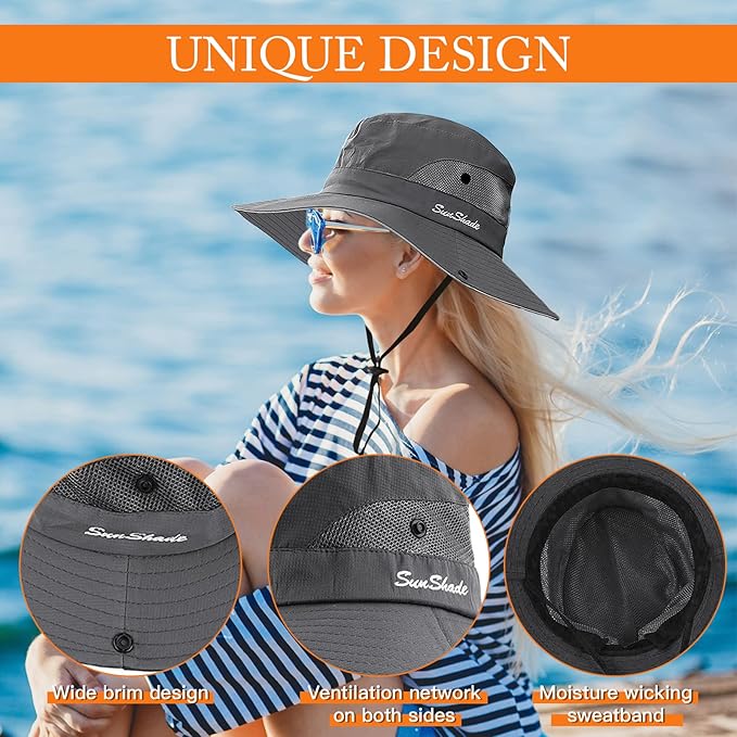 Sun Hats for Women Beach Hat Ponytail Hat Womens Sun Hat with UV Protection Wide Brim