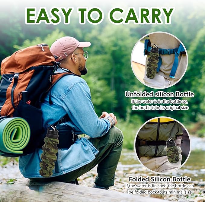 Collapsible Travel Water Bottle18oz, Reuseable Silicone Foldable Water Bottles for Gym Camping Hiking, Portable Leak Proof Sports Water Bottle with rugby Carabiner (Grey)