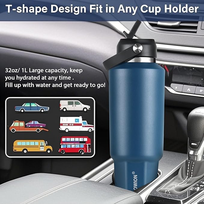 HYDROWION 32 oz Insulated Water Bottle, Car Water Bottle Holder - Double Wall Vacuum Insulated Travel Bottle with Straw Lid, Spout Lid and Flex Cap - Cold for 24H, Hot for 12H, Cobalt