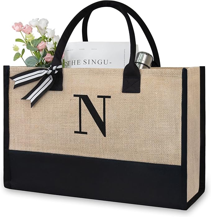 TOPDesign Personalized Initial Canvas Beach Bag, Monogrammed Gift Tote Bag for Women
