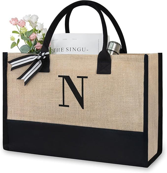 TOPDesign Personalized Initial Canvas Beach Bag, Monogrammed Gift Tote Bag for Women
