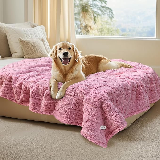 Luciphia Waterproof Dog Blanket for Medium Large Dogs Washable Bed Couch Protector Soft Fluffy 3D Heart Jacquard Pet Blanket with Sherpa Fleece Cozy Calming Throw Blankets， Pink 85x57 inch