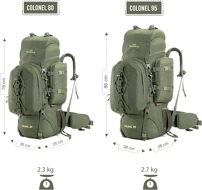 Tripole Colonel 80 Litres Internal Frame Rucksack + Detachable Day Pack, Rain Cover, Army Green