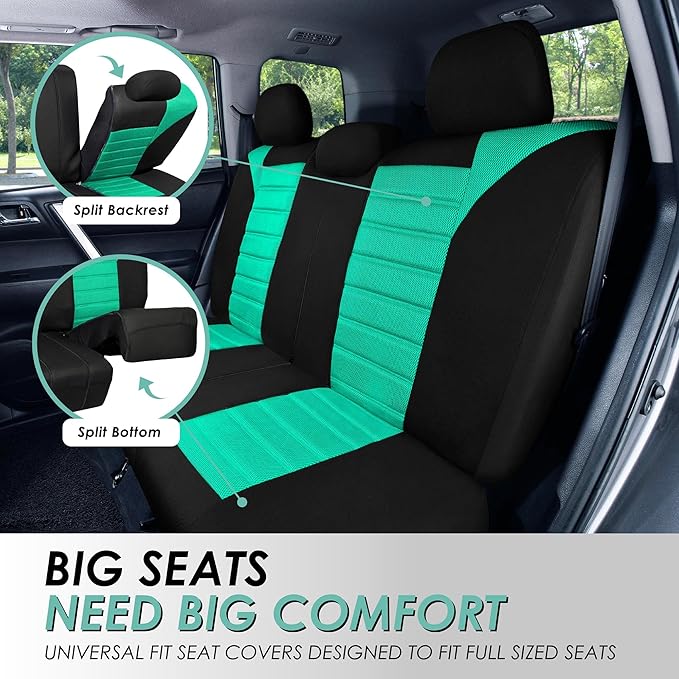 FH Group Automotive Car Seat Covers Rear Set Premium 3D Air Mesh Seat Covers, Airbag Compatible and Split Bench Cover Universal Fit Interior Accessories for Cars Trucks and SUVs - Mint