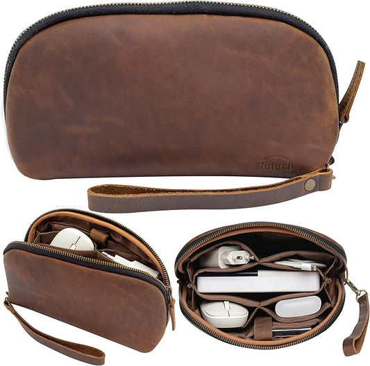 Leather Tech Pouch for Cables Chargers Phone | Tech Bag | Zipper Travel Accessory Pouch | Electronic Organizer Case Travel Bag (Large Vintage Dark Brown)