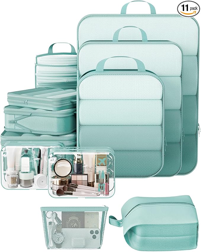 Veken 11 Set Compression Packing Cubes for Travel Essentials,Compressible Expandable Large Luggage Suitcase Organizer Bags for Clothing,Durable Space Saver Storage Bags with Toiletry Bags(Blue Green)