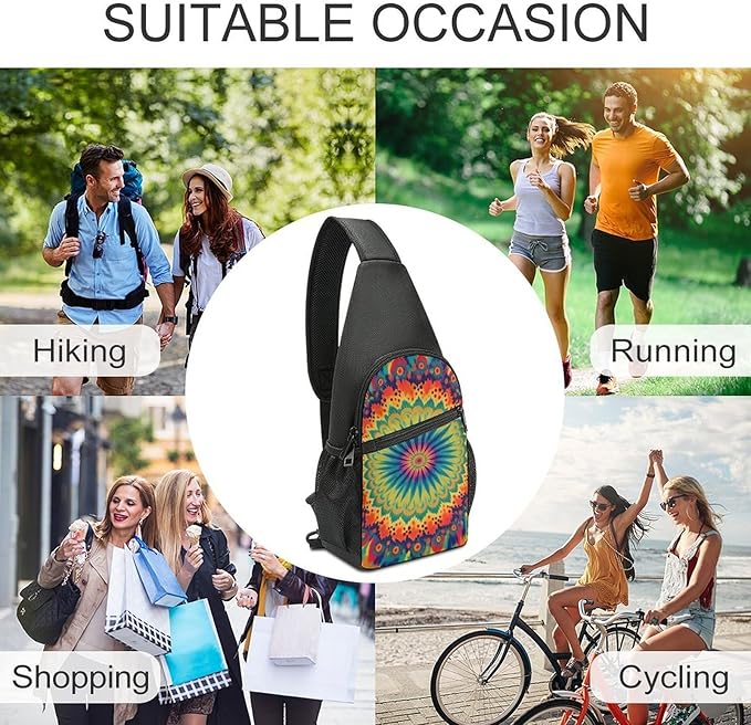 SWEET TANG Men and Women Sling Bag Chest Daypack, Trippy Tie Dye Mandala Colorful Shoulder Backpack Crossbody for Hiking Camping Running, Casual and Large Capacity Anti Theft Rucksack