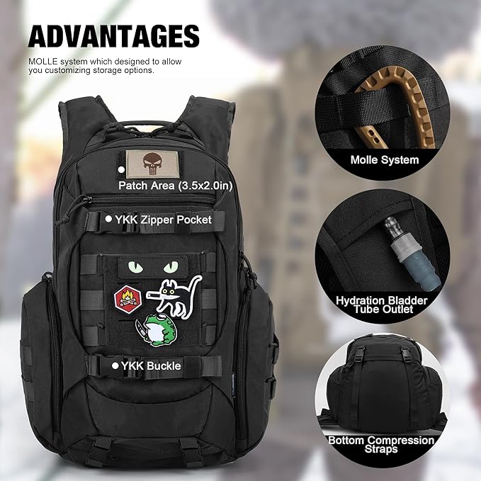 Mardingtop 28L Tactical Backpack for Men with Velcro Patch, Molle EDC Motorcycle Backpacking Backpack for Hiking,Camping, Hunting