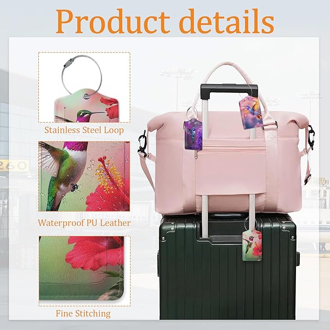 Hummingbird Luggage Tags for Suitcases, 3 Pack Leather Bag Tag Identifiers with Stainless Steel Loop and Address Card for Men Women