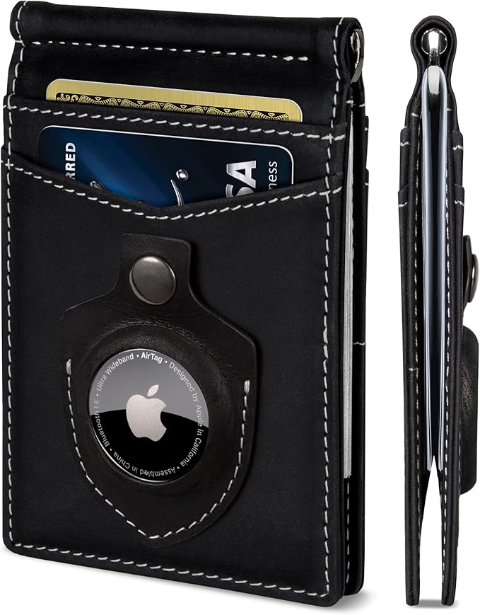 SERMAN BRANDS AirTag Wallet - RFID Blocking Mens Minimalist Money Clip Wallet for Airtag - Full Grain Leather - Slim Bifold. Front Pocket Air tag Wallets for men. Gift (Charcoal Black Air)