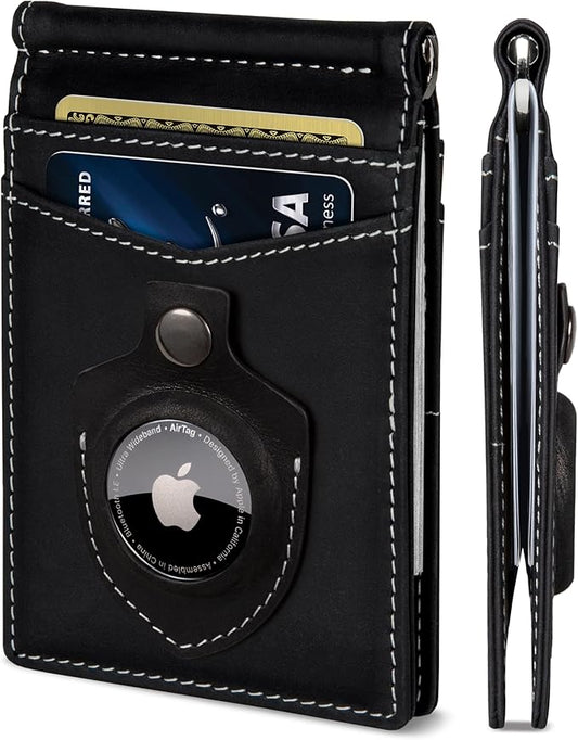 SERMAN BRANDS AirTag Wallet - RFID Blocking Mens Minimalist Money Clip Wallet for Airtag - Full Grain Leather - Slim Bifold. Front Pocket Air tag Wallets for men. Gift (Charcoal Black Air)