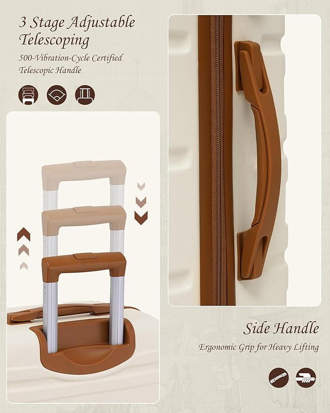 TAKUMI Luggage Sets 5 Piece Lightweight Carry On luggage with Duffel Bag ABS+PC Hardshell Suitcases with YKK zippers Double Spinner Wheels Travel Luggage with TSA Lock(WHITE BROWN, 5 PIECE SET)