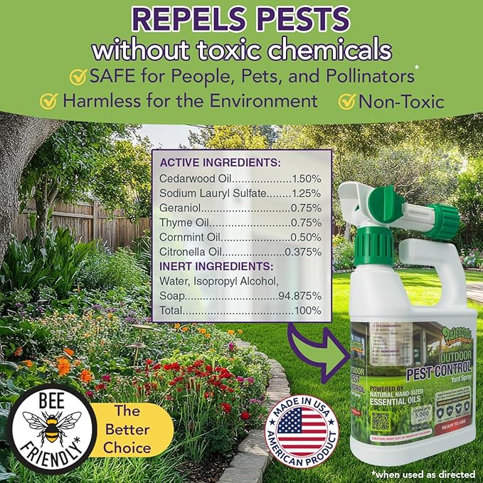 Trifecta Outdoor Pest Control | Natural mosquito repellent, tick, gnat, & mosquito backyard control | Pet & Kid Safe | Hose-End pest control spray for Lawns, Trees, Bushes, Patios & More (32oz 1-Pack)