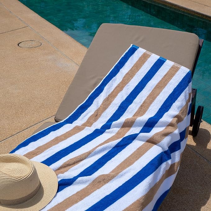 Arkwright Cabo Cabana Stripe Beach Towel - Pack of 4 - Large Soft Quick Dry Cotton Terry Towels for Pool, Swim, and Hot Tub, Oversized 30 x 70 in, Royal Blue/Café Ole