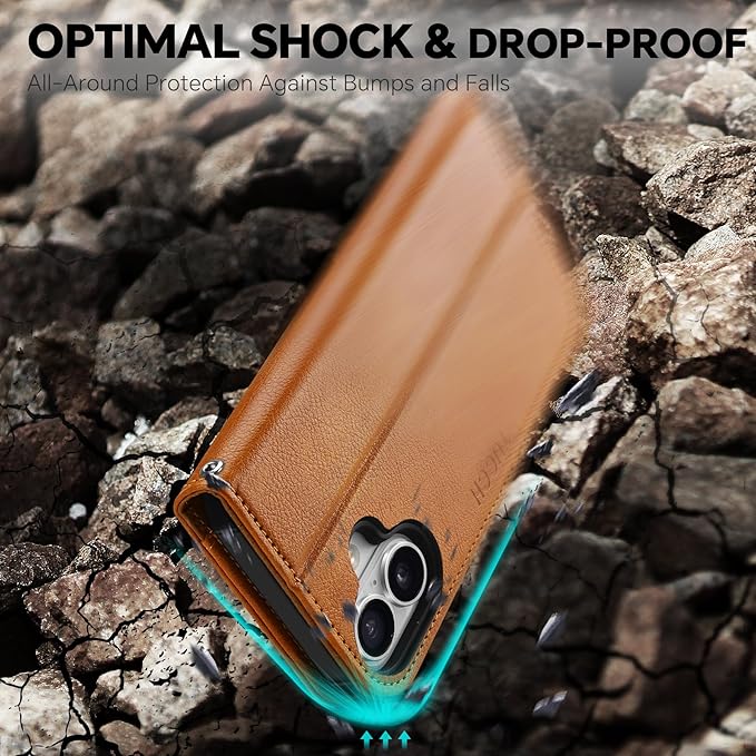 TUCCH Detachable Case Wallet for iPhone 17 (6.3") 2025, Wrist Strap | 4 Card Slots RFID Blocking | Wireless Charging | Stand | 2-in-1 Magnetic | PU Leather | Shockproof Folio Cover | Light Brown