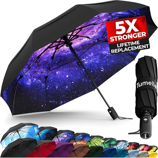 TUMELLA Strongest Windproof Travel Umbrella (Compact, Superior & Beautiful), Small Strong but Light Portable and Automatic Folding Rain Umbrella, Durable Premium Grip, Fits Car & Backpack
