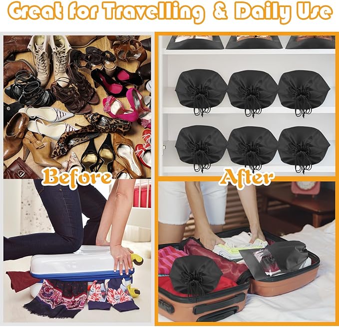 Large Black Travel Shoe Bags - 10 Pcs with Clear Window, Non-Woven Drawstring, 12.6" X 17.3" for Men Women