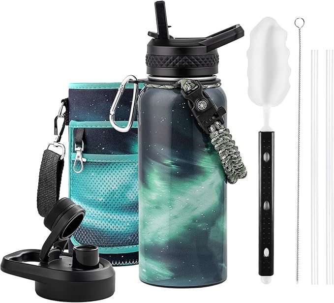 32oz Insulated Water Bottle, Triple Wall Vacuum Stainless Steel Water Bottles - Keeps Cold 48H, Reusable Metal water flask Jug for Gym, Sports, Camping, Hiking,Travel, Aurora-Green