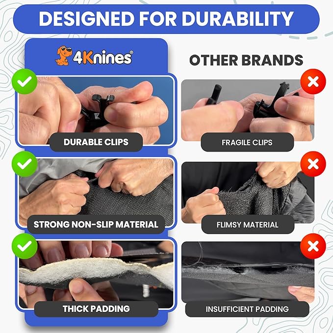 4Knines Dog Backseat Cover with Hammock for Cars, SUVs, and Trucks – Waterproof Layers, Nonslip Seat Protector, Durable Nylon Clips, K9 Shield with Heavy Duty Thread, (Regular, Grey)