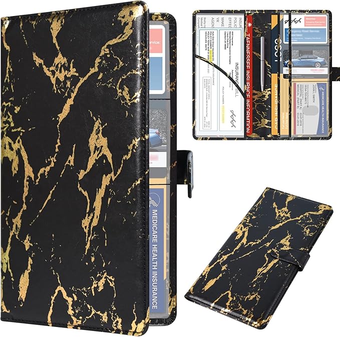 DMLuna Car Registration and Insurance Holder, Leather Vehicle Card Document Glove Box Organizer, Auto Truck Compartment Accessories for Essential Information, Driver License Cards, Black/Gold Marble